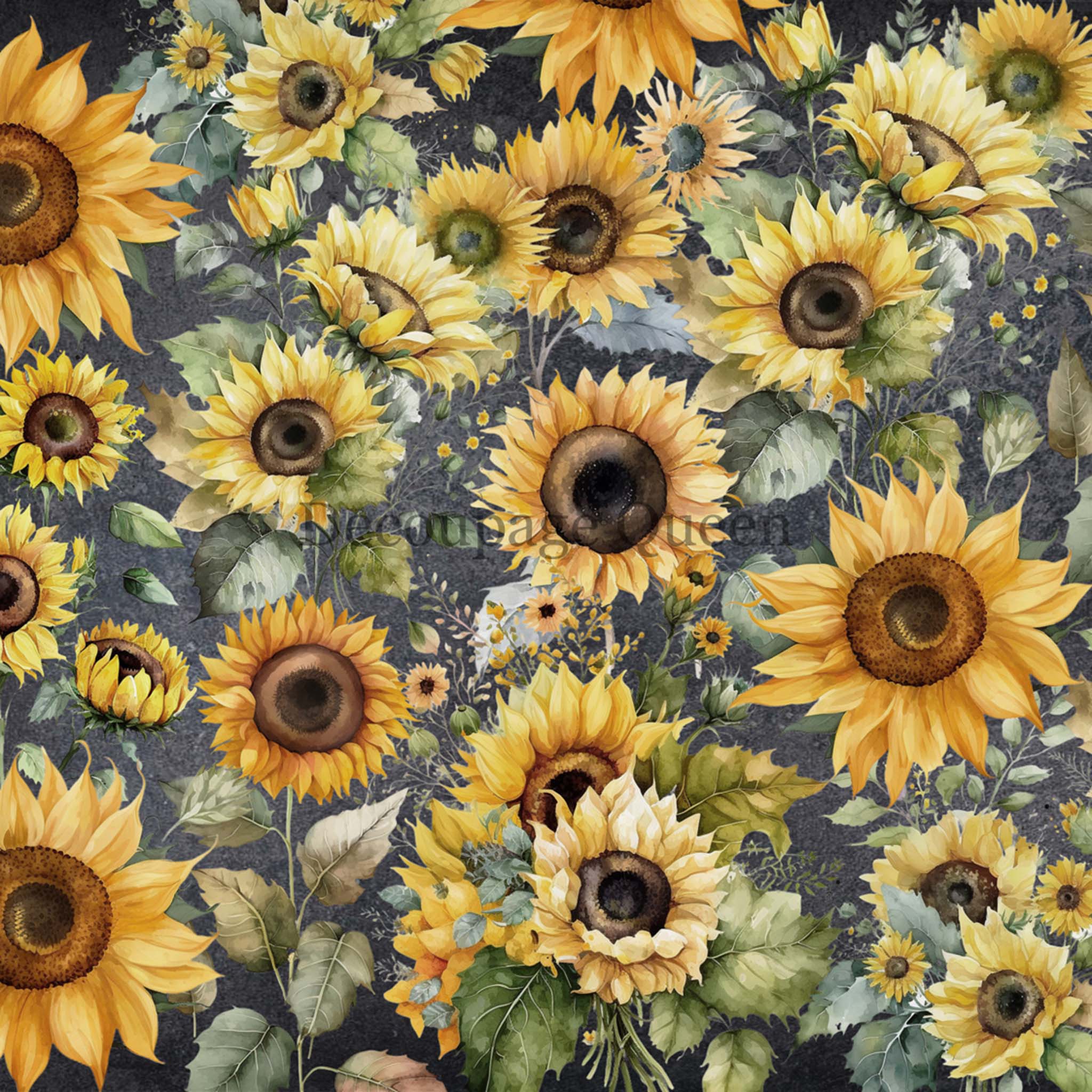 Close-up of a rice paper design featuring cheerful sunflowers bursting across a grey background.