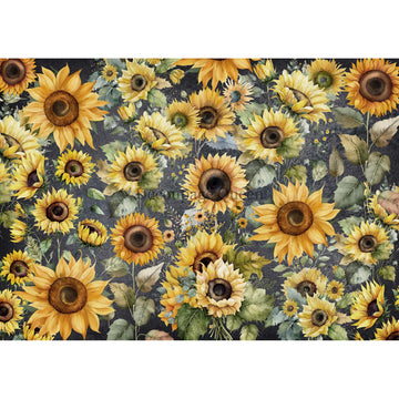 Rice paper design featuring cheerful sunflowers bursting across a grey background. White borders are on the top and bottom.