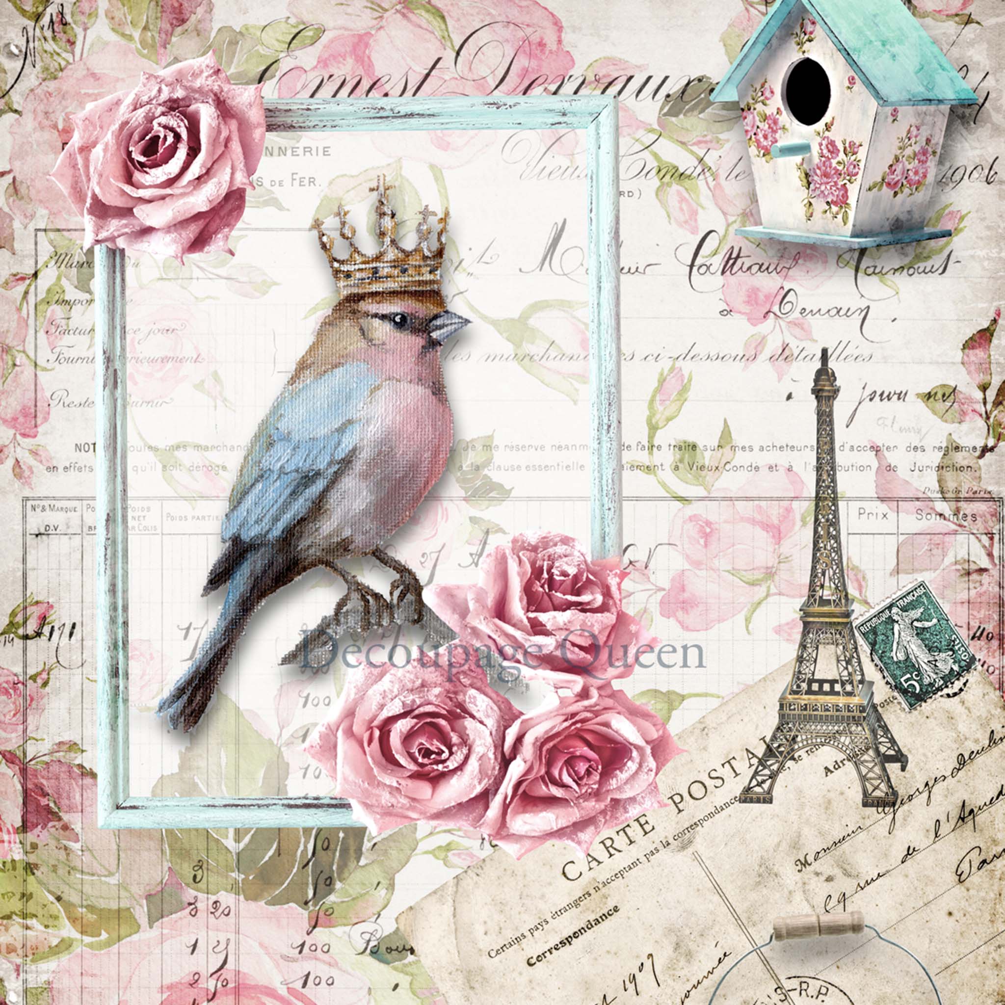 Close-up of an A1 rice paper design that features a small bird wearing a crown perched in a picture frame, surrounded by iconic Parisian elements like the Eiffel Tower, a birdhouse, and a French postcard against a floral background.