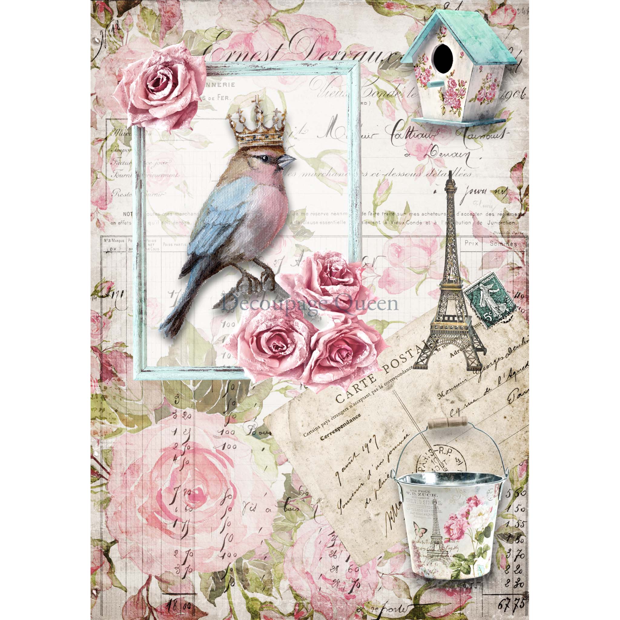 A4 rice paper design that features a small bird wearing a crown perched in a picture frame, surrounded by iconic Parisian elements like the Eiffel Tower, a birdhouse, and a French postcard against a floral background. White borders are on the sides.