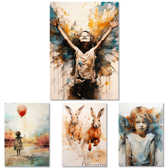 Rice paper featuring four delightful watercolor designs of children, angels, and rabbits. 