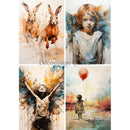 Rice paper featuring four delightful watercolor designs of children, angels, and rabbits. 
