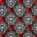 Close-up of a rice paper design featuring repetitive skulls inside ornate brocade frames and bunched red poppies all against a dark grey brick wall background.