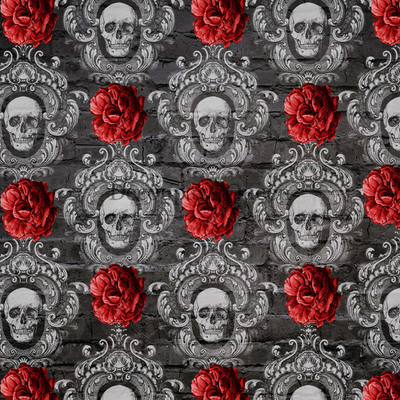 Close-up of a rice paper design featuring repetitive skulls inside ornate brocade frames and bunched red poppies all against a dark grey brick wall background.