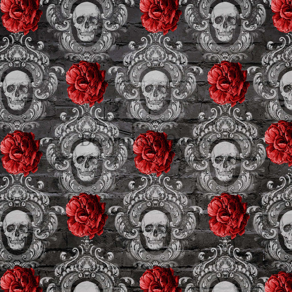 A2 rice paper design featuring repetitive skulls inside ornate brocade frames and bunched red poppies all against a dark grey brick wall background.
