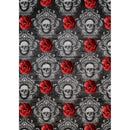 Rice paper design featuring repetitive skulls inside ornate brocade frames and bunched red poppies all against a dark grey brick wall background. White borders are on the sides.