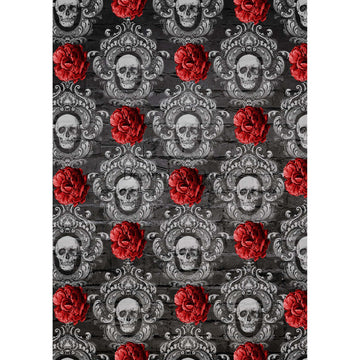 Rice paper design featuring repetitive skulls inside ornate brocade frames and bunched red poppies all against a dark grey brick wall background. White borders are on the sides.