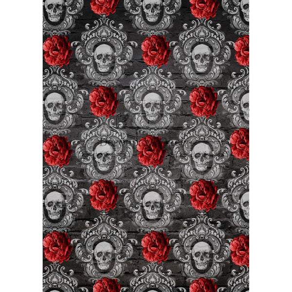 A2 rice paper design featuring repetitive skulls inside ornate brocade frames and bunched red poppies all against a dark grey brick wall background. White borders are on the sides.
