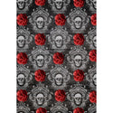A4 rice paper design featuring repetitive skulls inside ornate brocade frames and bunched red poppies all against a dark grey brick wall background. White borders are on the sides.