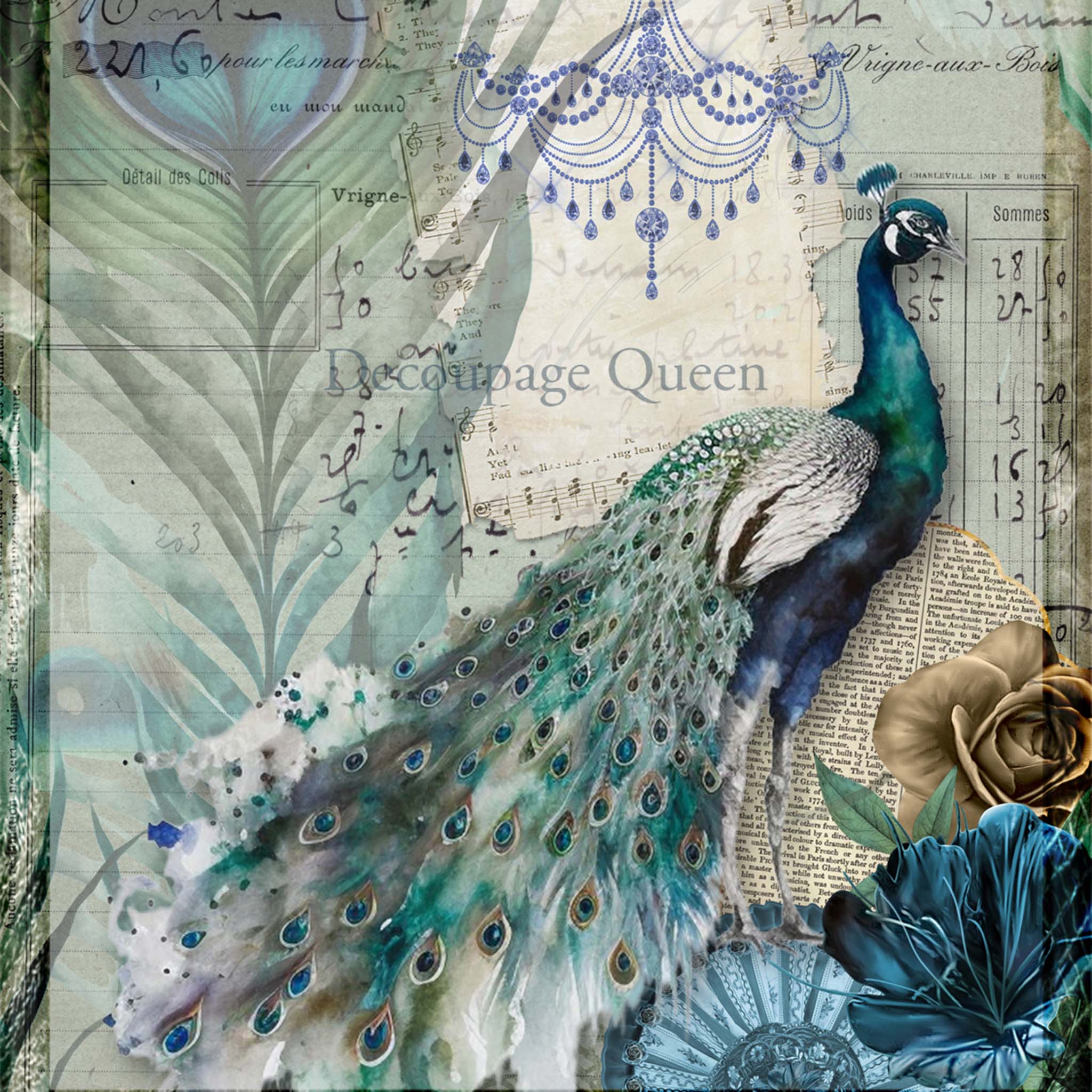 Close-up of an A3 rice paper design that features a design of vintage documents adorned with peacock feathers and vivid flowers while a peacock struts across the page. 