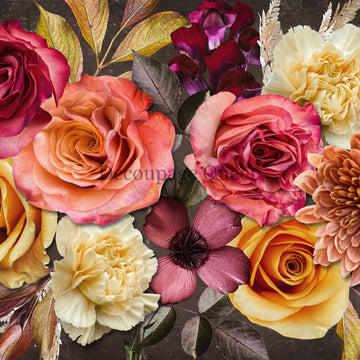 Close-up of a rice paper design that features a vibrant pink and orange floral bouquet against a dark grey background.