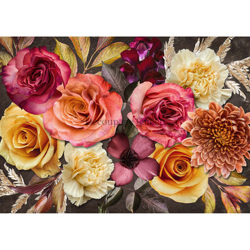 Rice paper design that features a vibrant pink and orange floral bouquet against a dark grey background. White borders are on the top and bottom.