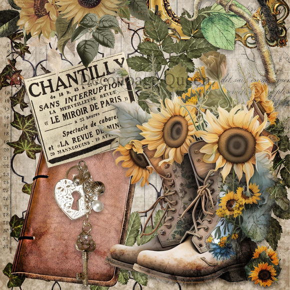 Close-up of a rice paper design that features lace-up boots, a leather journal, and a vintage sign amidst sunny sunflowers.