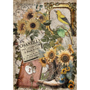 Rice paper design that features lace-up boots, a leather journal, and a vintage sign amidst sunny sunflowers. White borders are on the sides.
