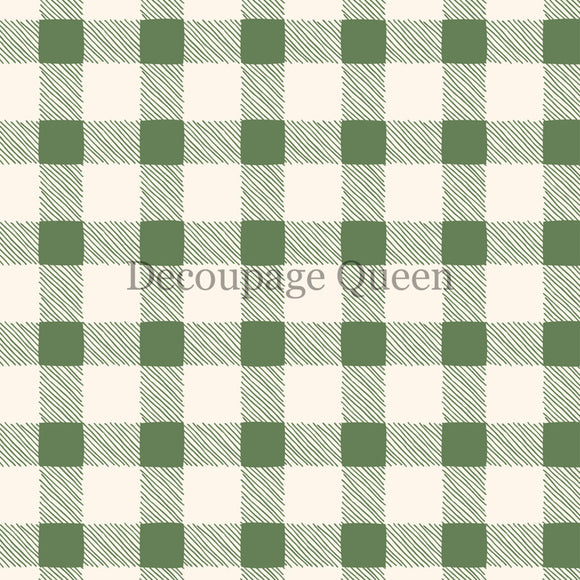 Close-up of a rice paper featuring a green and cream gingham checker plaid pattern.