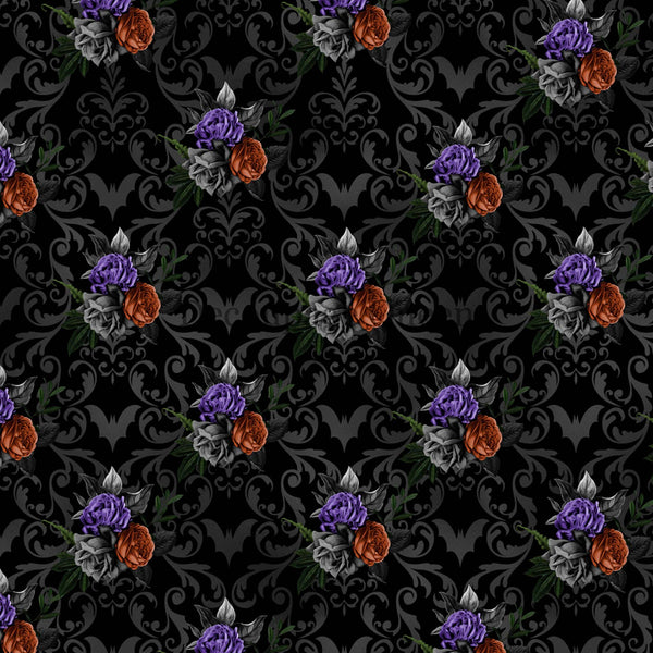A1 rice paper design that  features a dark floral Halloween pattern of bunched grey, purple and red roses surrounded by a grey brocade all against a black background.