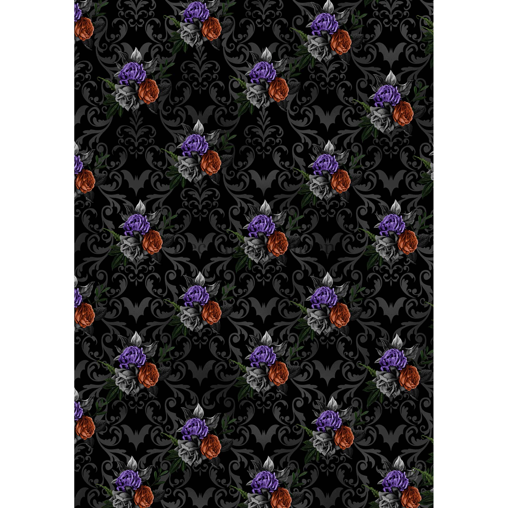 A1 rice paper design that features a dark floral Halloween pattern of bunched grey, purple and red roses surrounded by a grey brocade all against a black background. White borders are on the sides.