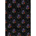 A2 rice paper design that features a dark floral Halloween pattern of bunched grey, purple and red roses surrounded by a grey brocade all against a black background. White borders are on the sides.