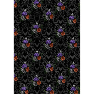 A2 rice paper design that features a dark floral Halloween pattern of bunched grey, purple and red roses surrounded by a grey brocade all against a black background. White borders are on the sides.