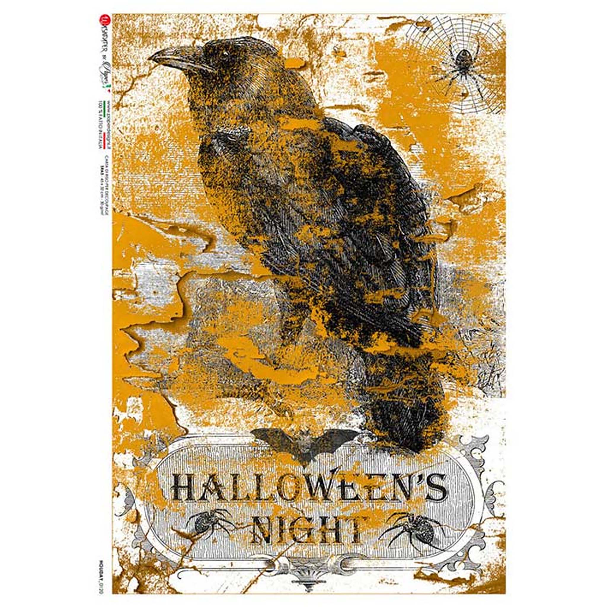 A4 rice paper that features a drawn raven and spider on a web with an orange sponge overlay. At the bottom is a sign that reads Halloween's Night. White borders are on the sides.
