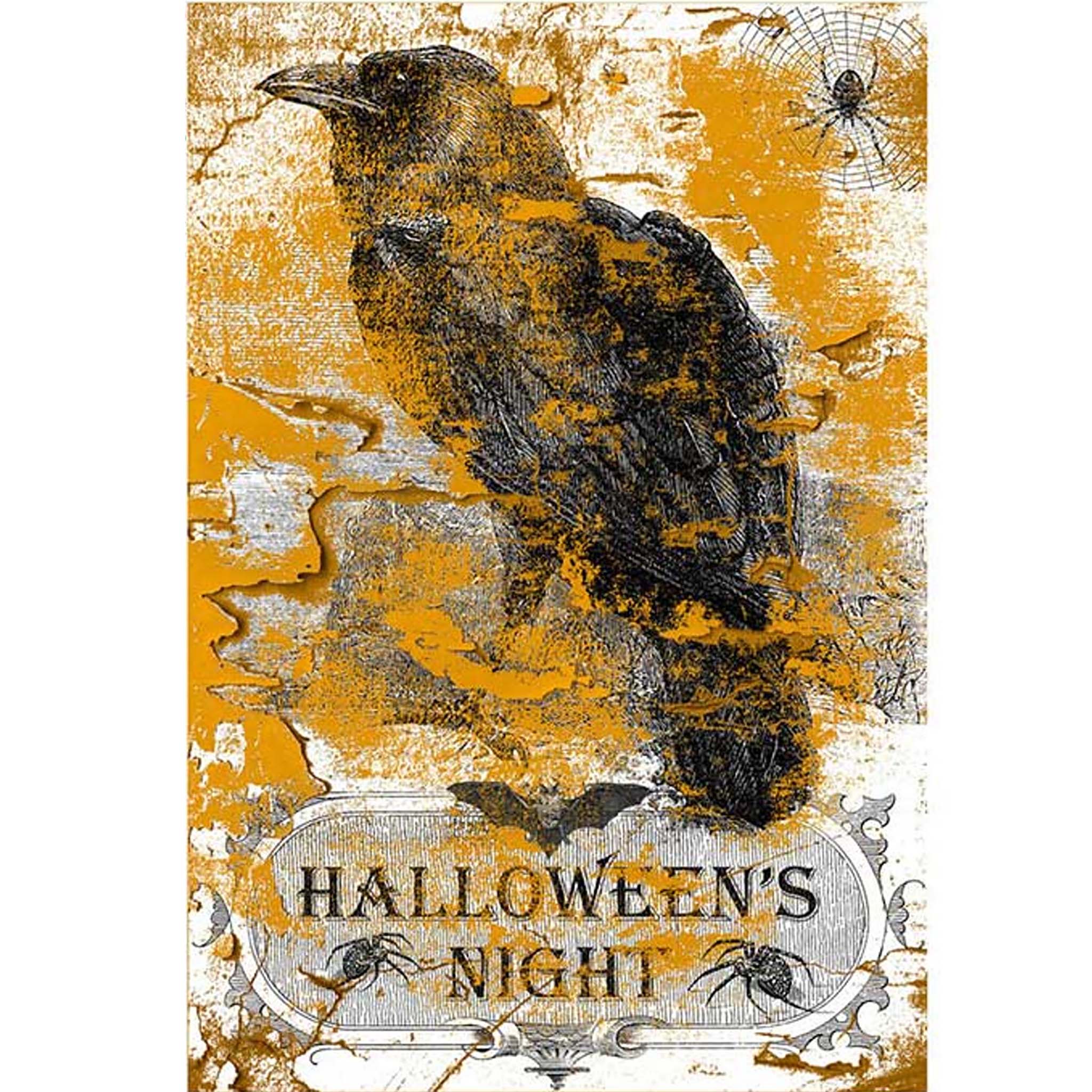 A3 rice paper that features a drawn raven and spider on a web with an orange sponge overlay. At the bottom is a sign that reads Halloween's Night. White borders are on the sides.