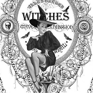 Close-up of a rice paper design that features ornate corners with bats and spiders and a vintage style pinup witch sitting in a spooky ornate frame with the word "witches" behind her.