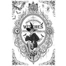 Rice paper design that features ornate corners with bats and spiders and a vintage style pinup witch sitting in a spooky ornate frame with the word "witches" behind her is against a white background.