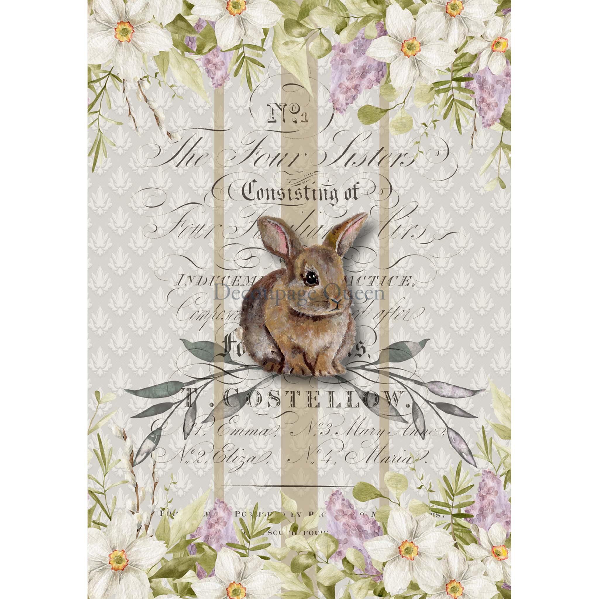 Rice paper design that features a charming bunny surrounded by beautiful flowers and elegant script with a repeating flourish pattern in the background. White borders are on the sides.