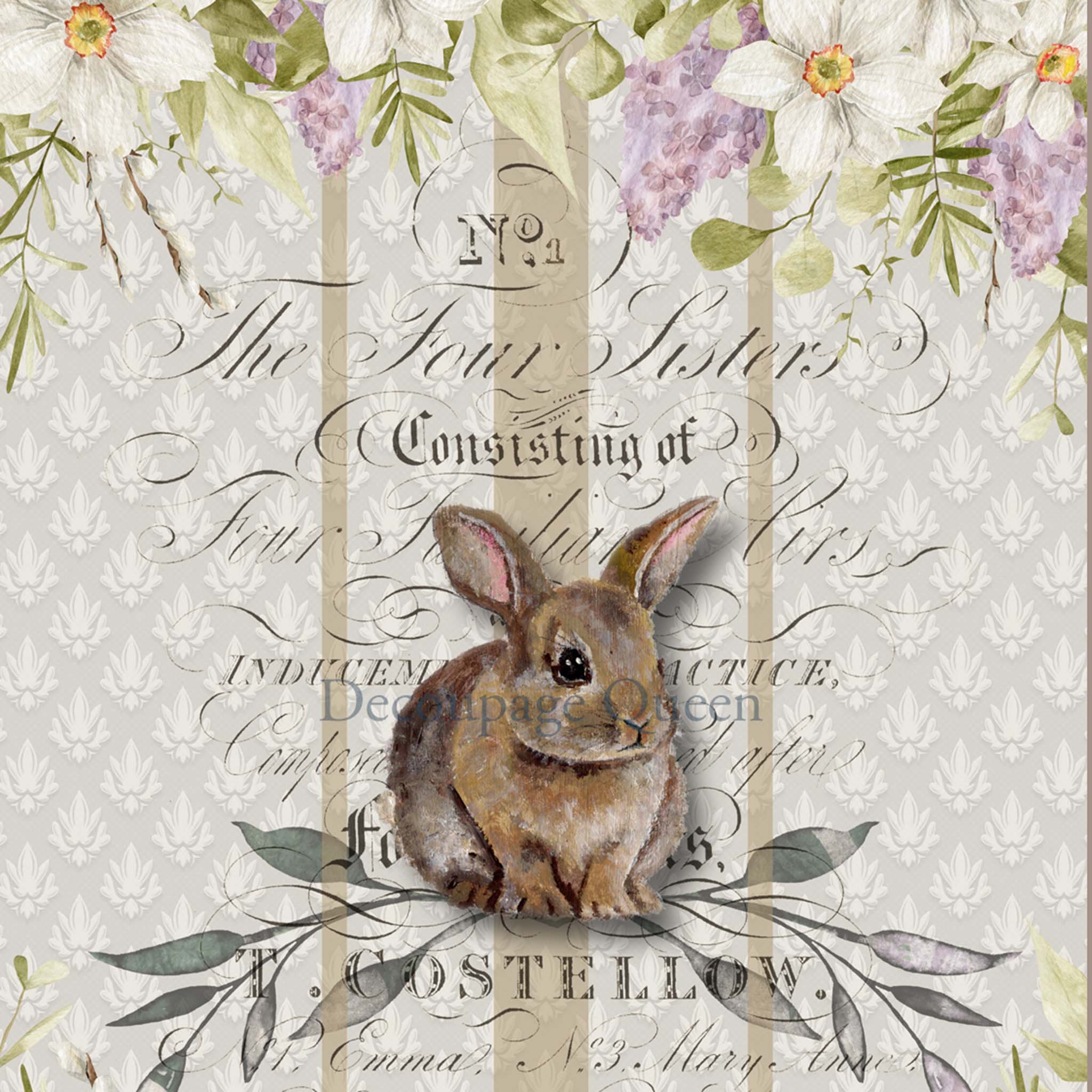 Close-up of a rice paper design that features a charming bunny surrounded by beautiful flowers and elegant script with a repeating flourish pattern in the background.