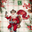Close-up of a rice paper featuring a postcard of Santa riding a Penny-farthing bicycle while delivering gifts against a cozy plaid background framed by Christmas holly.