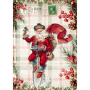 Rice paper featuring a postcard of Santa riding a Penny-farthing bicycle while delivering gifts against a cozy plaid background framed by Christmas holly.