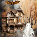 Spooky house with a ghost, bat, and tree in a Halloween-themed collage.