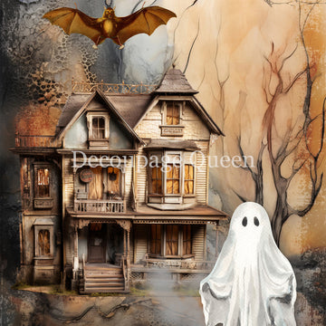 Spooky house with a ghost, bat, and tree in a Halloween-themed collage.