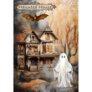 Illustration of a haunted house with a ghost and bat, featuring the brand 'Decoupage Queen'.