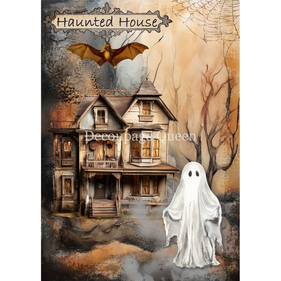 Illustration of a haunted house with a ghost and bat, featuring the brand 'Decoupage Queen'.
