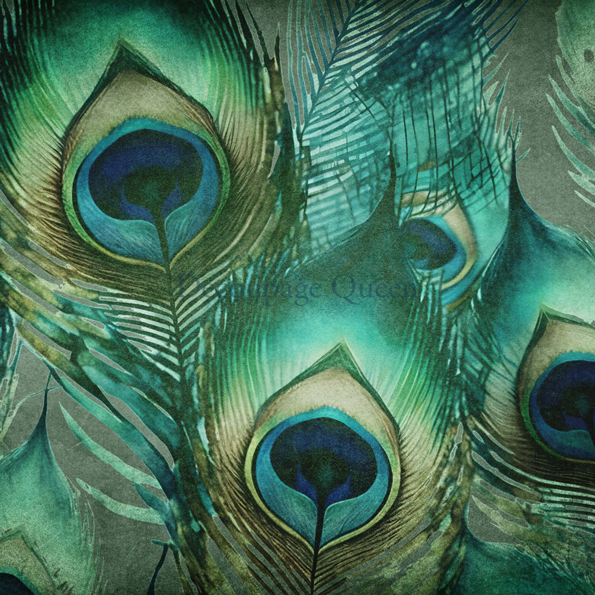 Close-up of an A3 rice paper design that features a close-up of peacock feathers in shades of jade, teal, and navy.