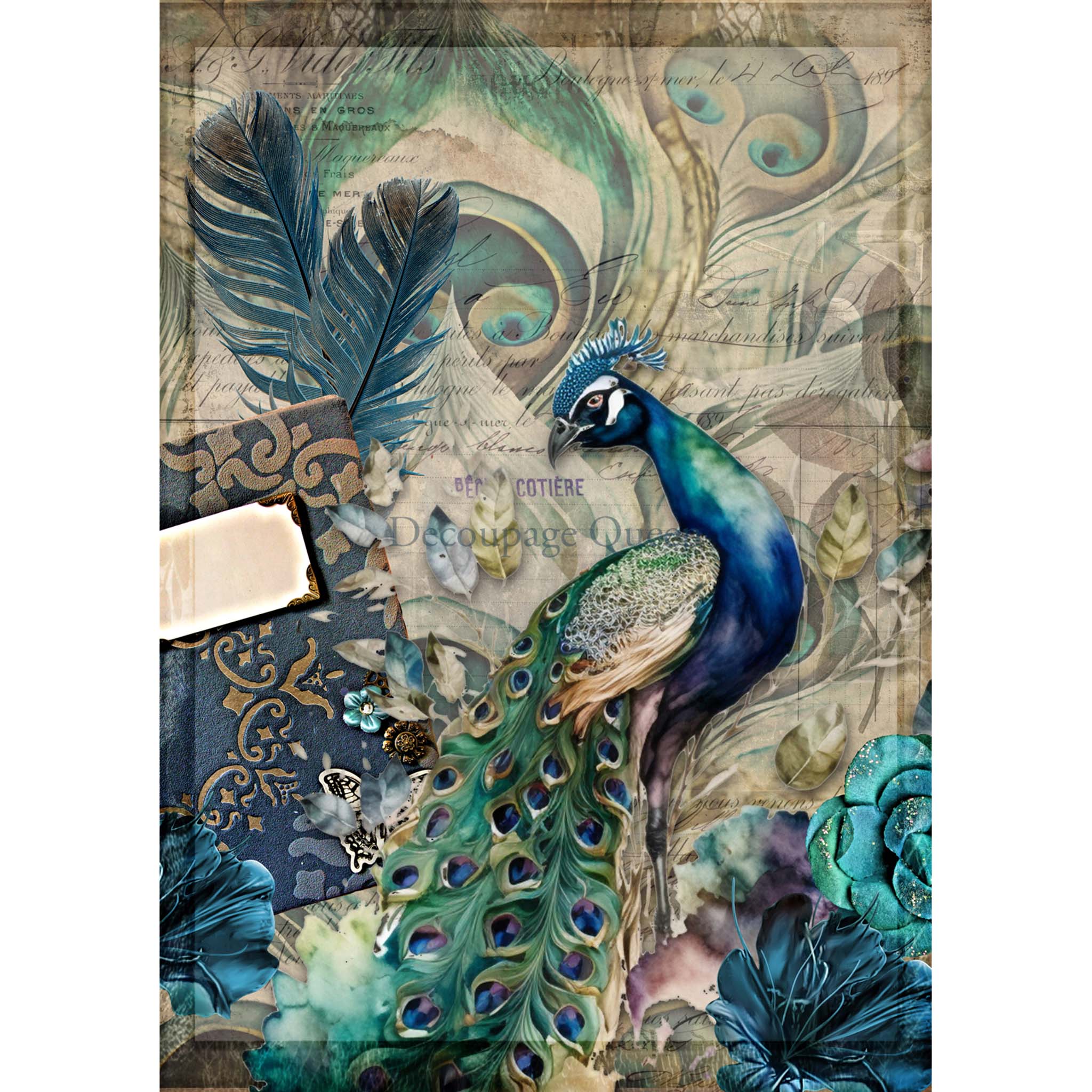 A1 rice paper design that features a vintage document adorned with a majestic peacock and delicate florals. White borders are on the sides.