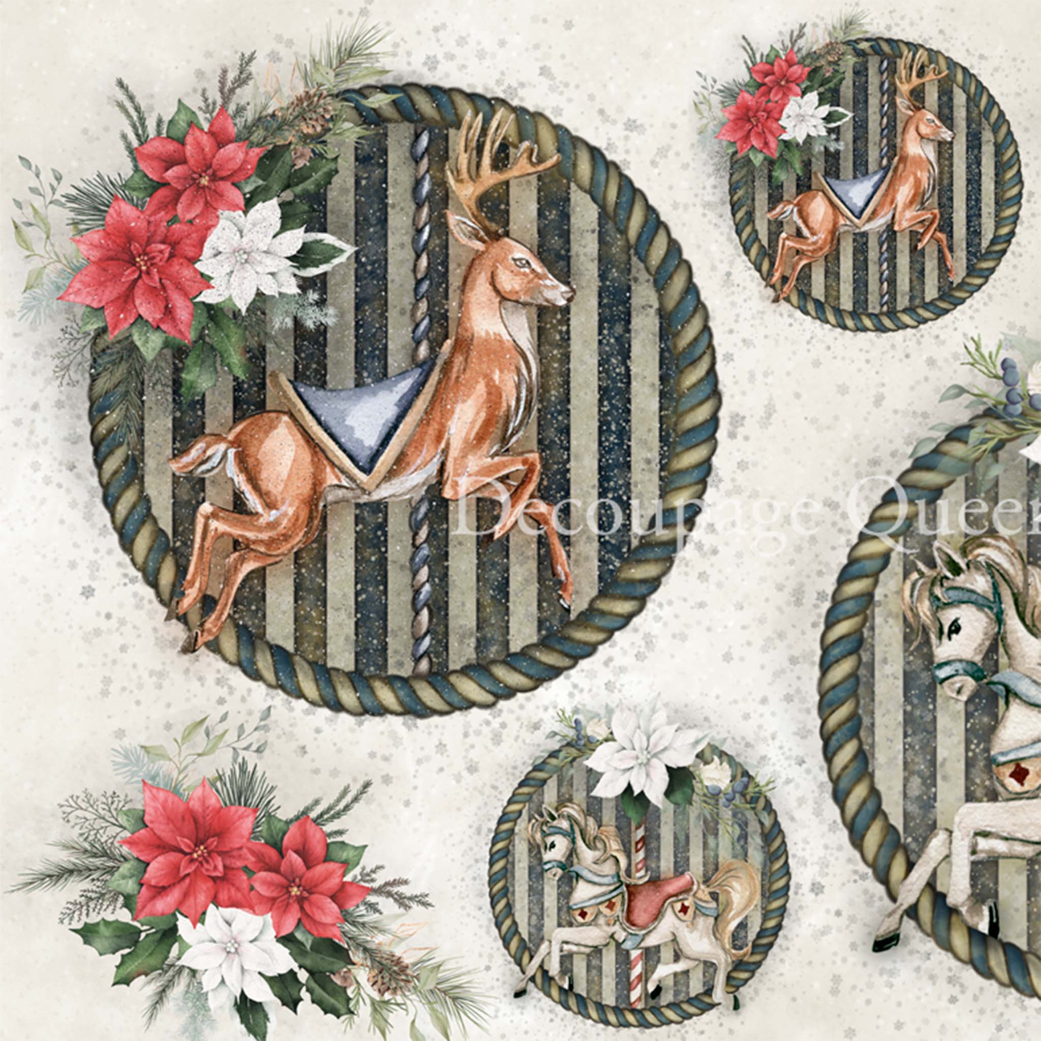 Jolly A3 Rice Decoupage PaperA3 rice paper that features varying sizes of Reindeer and carousel horses with red and white poinsettia flowers in round rope frames.