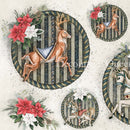 Close-up of a rice paper featuring red and white poinsettias and varying size rounds with reindeer and carousel horses against striped backgrounds.