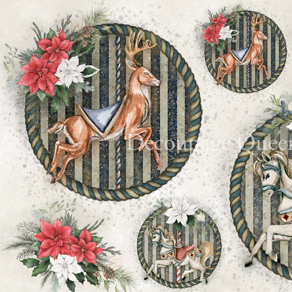Close-up of a rice paper featuring red and white poinsettias and varying size rounds with reindeer and carousel horses against striped backgrounds.