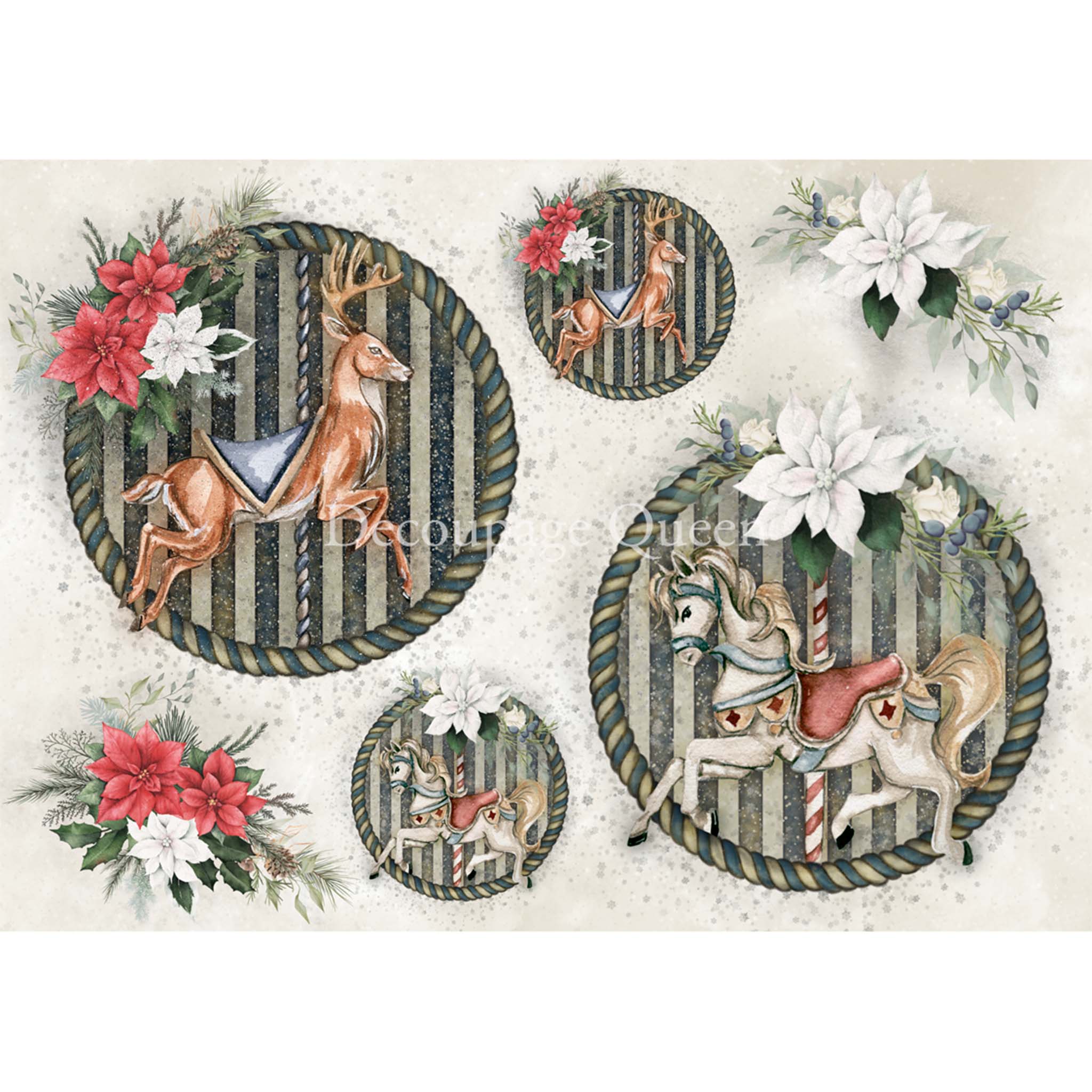A3 rice paper that features varying sizes of Reindeer and carousel horses with red and white poinsettia flowers in round rope frames. 