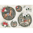 Rice paper featuring red and white poinsettias and varying size rounds with reindeer and carousel horses against striped backgrounds. White borders are on the top and bottom.