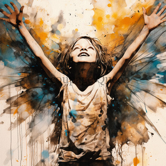 Close-up of a rice paper featuring a child angel with delicate watercolor wings and outstretched arms.