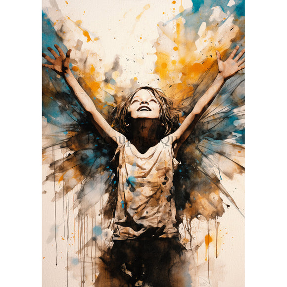 Rice paper featuring a child angel with delicate watercolor wings and outstretched arms.