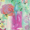 Close-up of a rice paper featuring a blue bird, pink flowers, and bright butterflies against a pastel teal and pink patchwork backdrop.