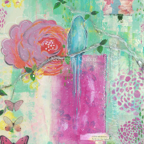 Close-up of a rice paper featuring a blue bird, pink flowers, and bright butterflies against a pastel teal and pink patchwork backdrop.