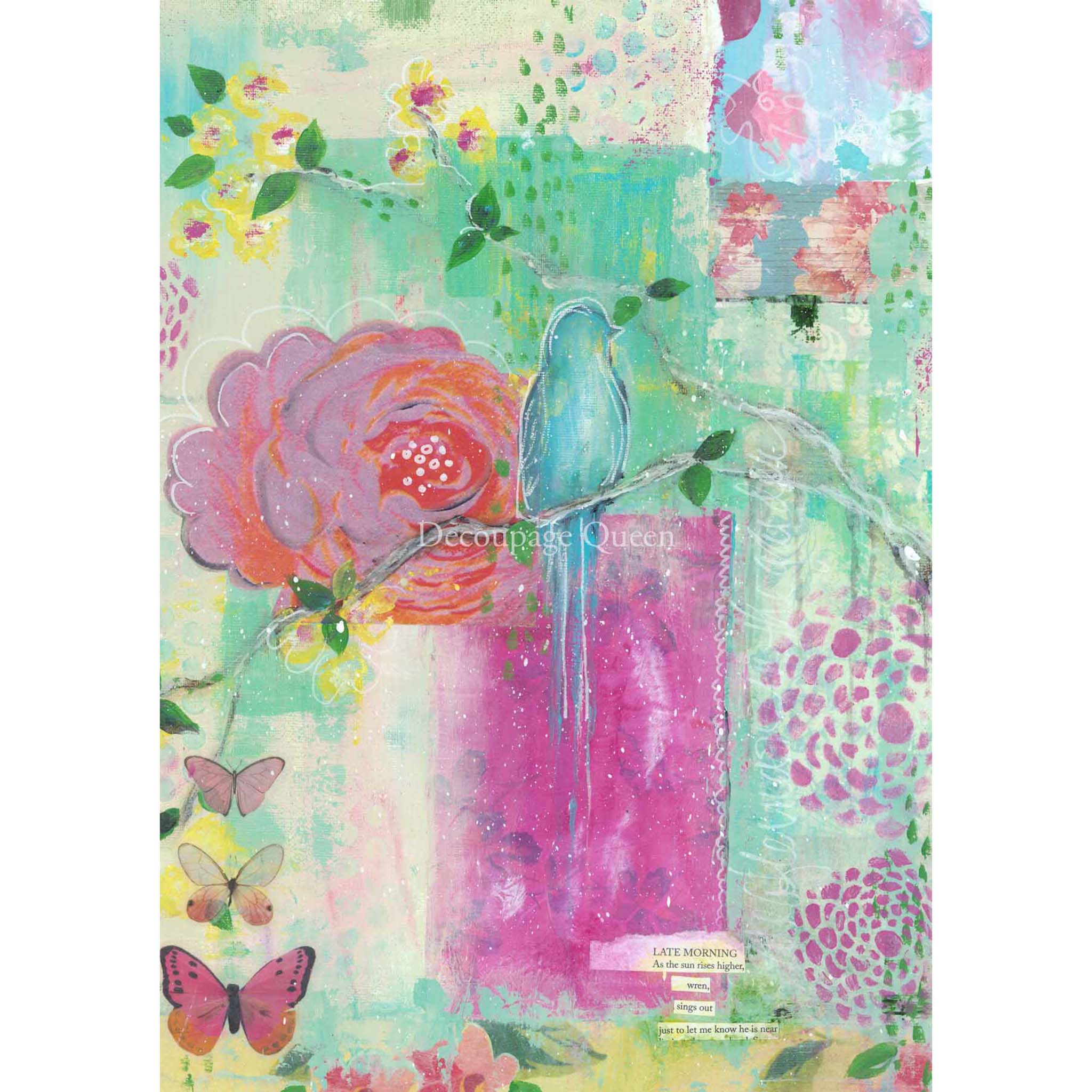 Rice paper design that features a stunningly colorful scene of a blue bird resting on a branch in front of a vibrant pink flower. White borders are on the sides.