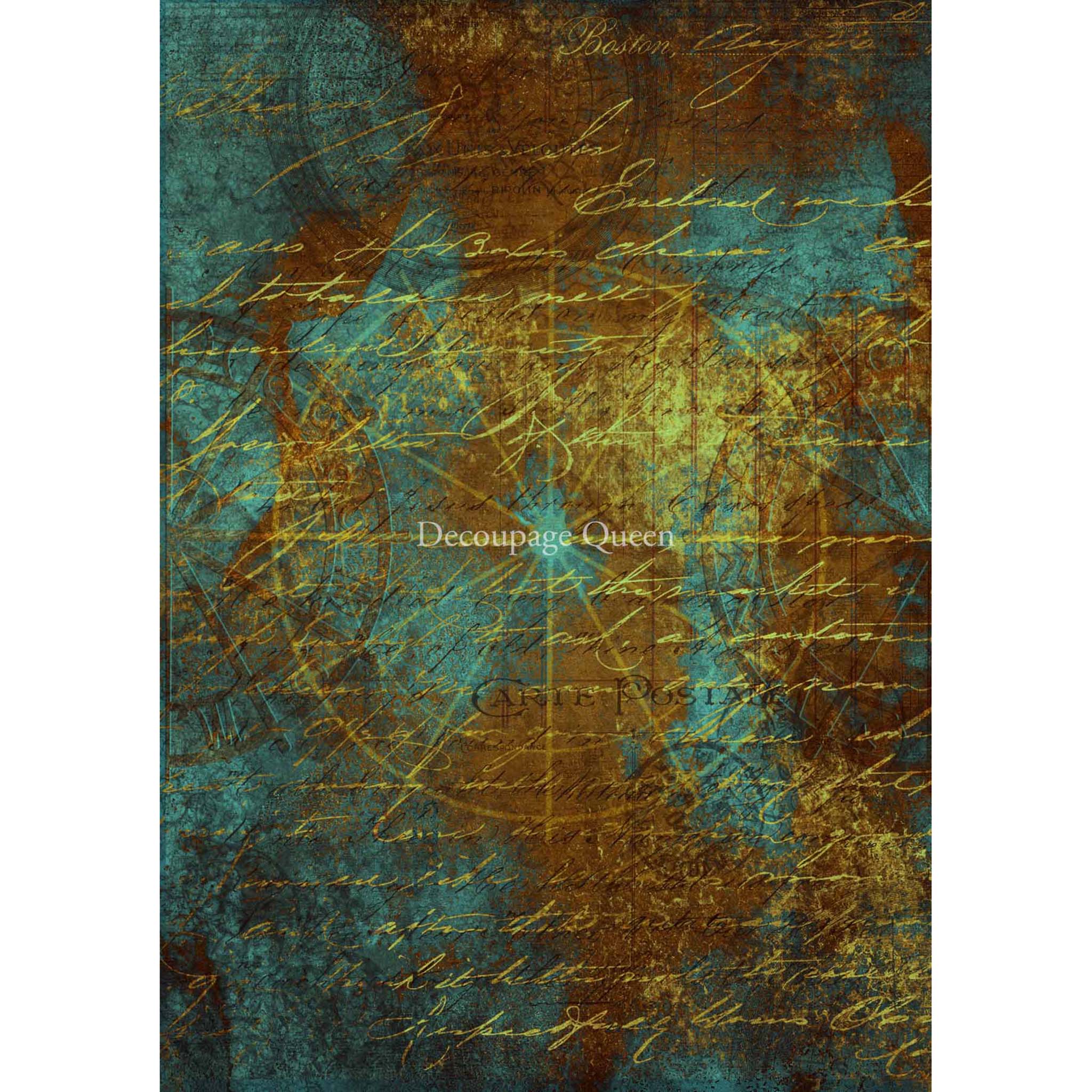 Rice paper design that features gold colored script writing over a teal and copper background. White borders are on the sides.