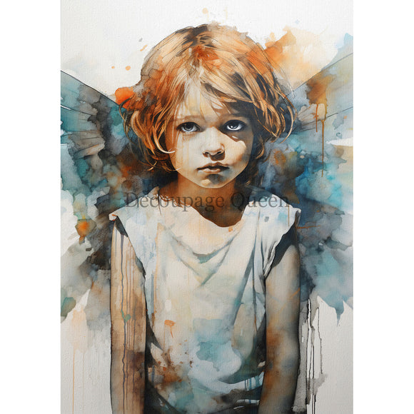 Rice paper featuring a young angel child with soft watercolor wings gazing up at you. 