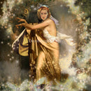 Close-up of a rice paper design featuring a mystical image of the legendary sorceress Morgan Le Fay in a forest surrounded by fairies.